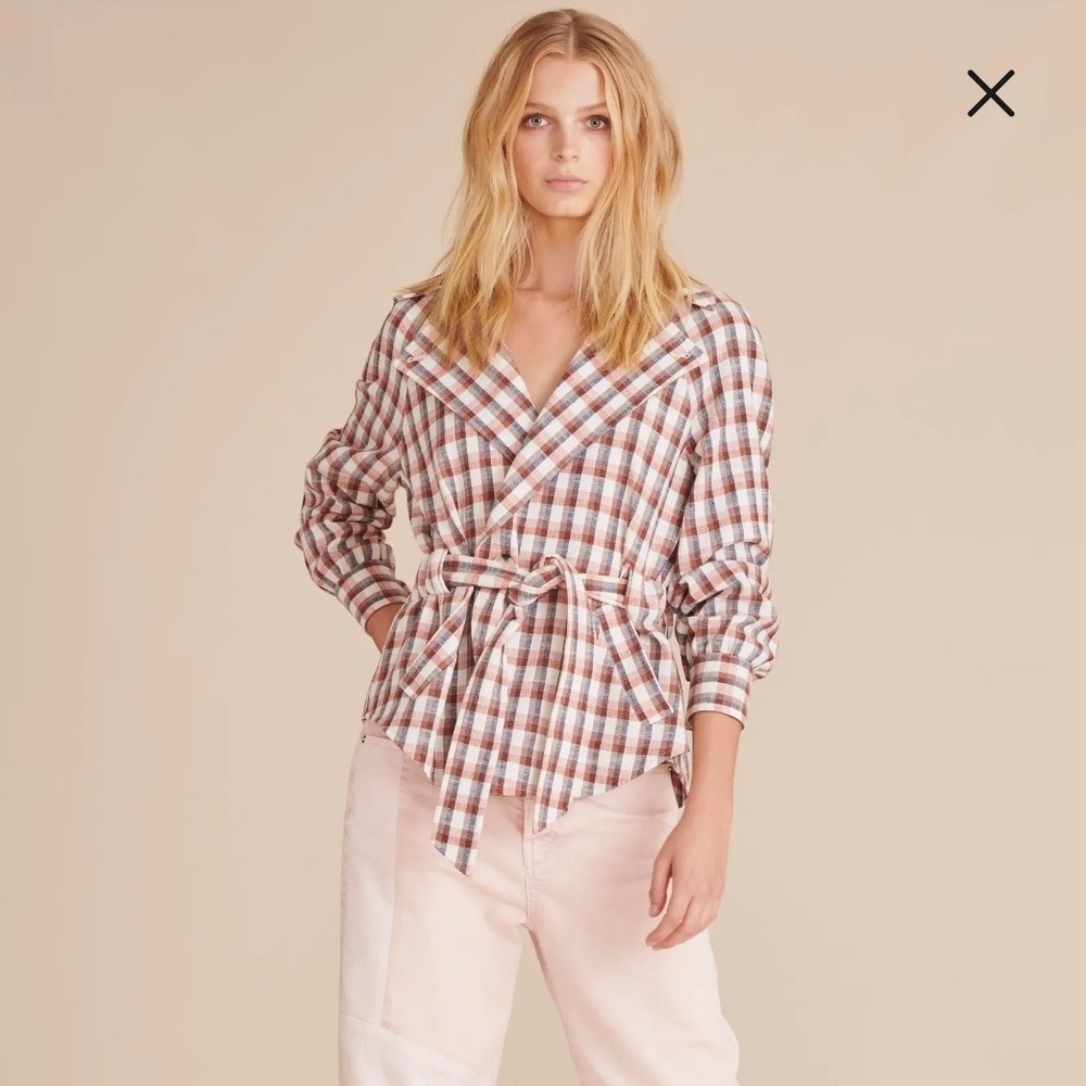Veronica Beard NWT $698 Lin Check‎ Belted Shirt Jacket Blazer Tie Waist Sz Large